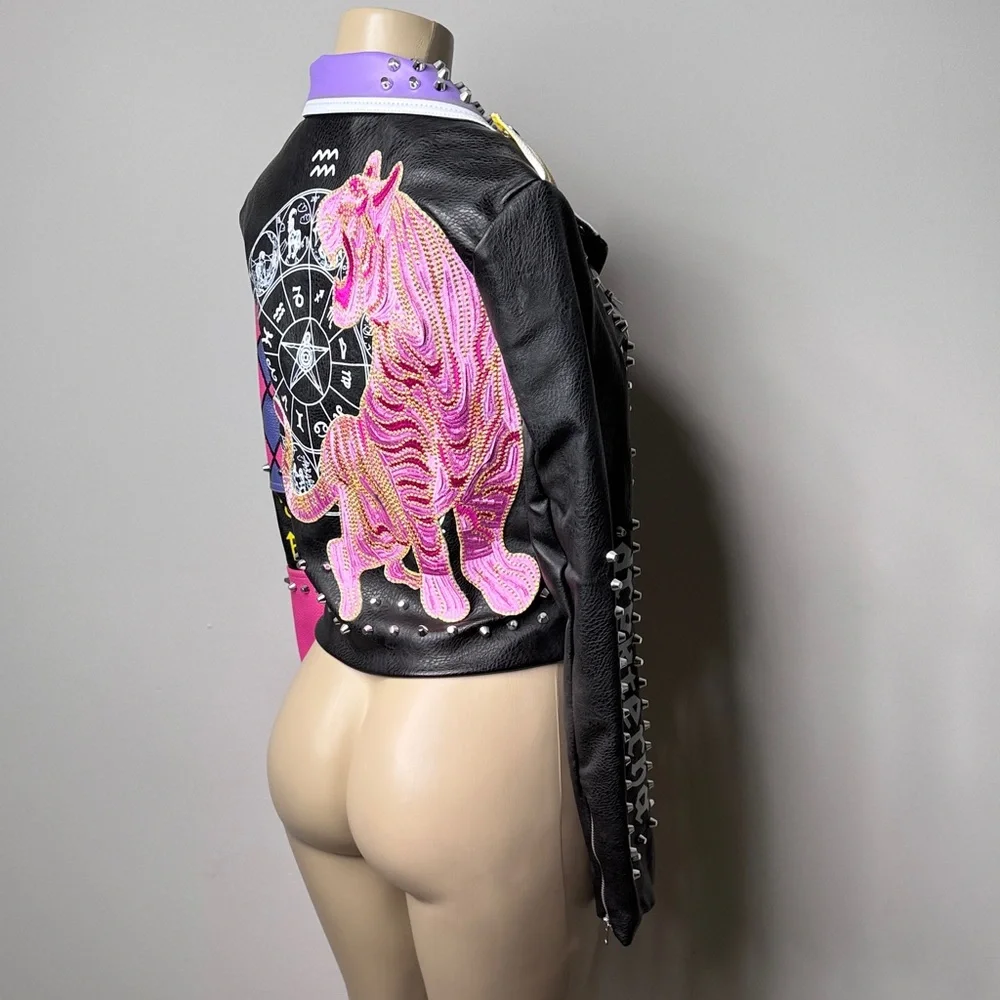 Studded Black Leather Biker Jacket with Pink & Purple Colorblock - Picture 7 of 8